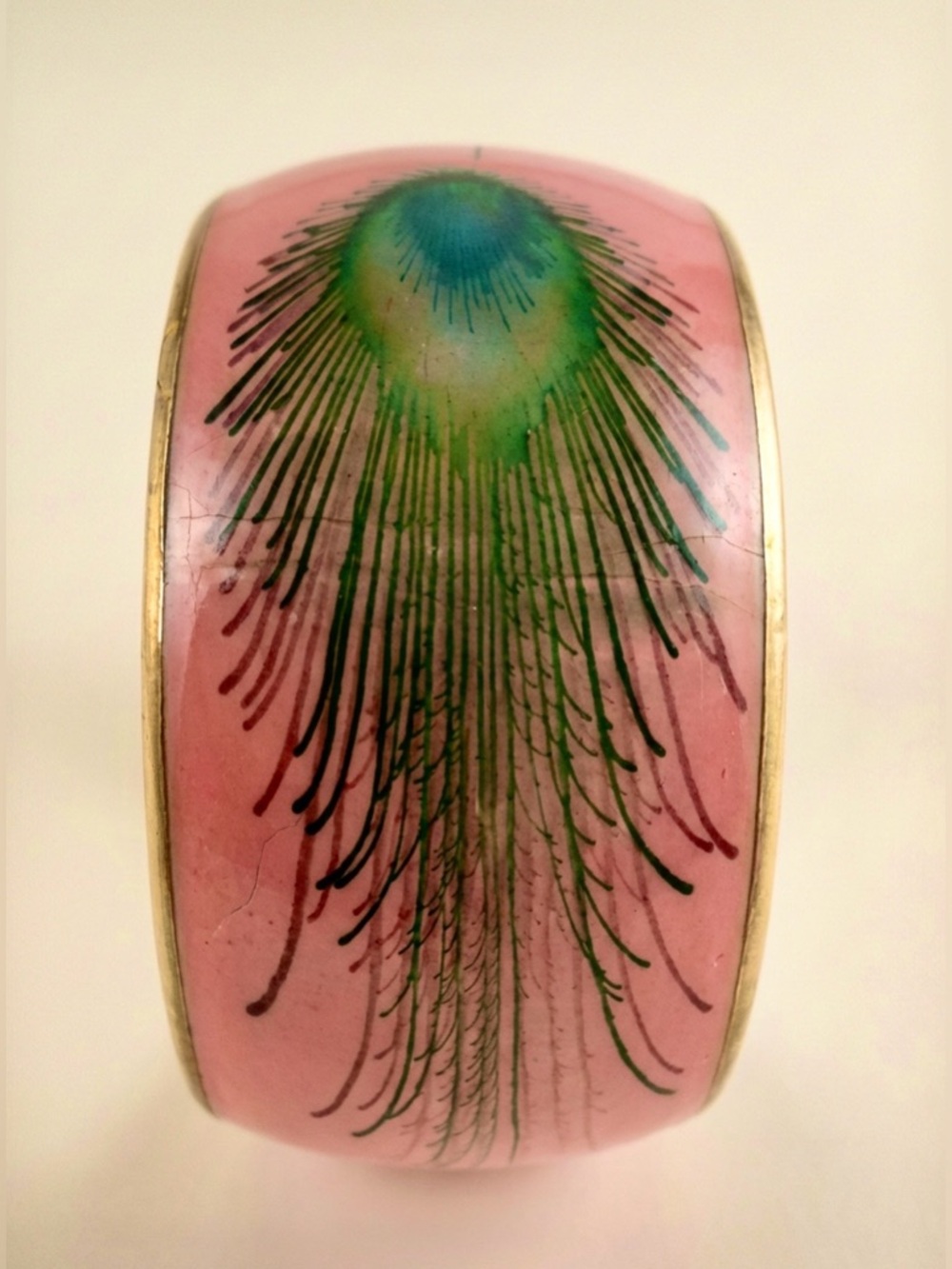 🆕🎁 Statement Wide Enamel Cuff – Peacock Feather on Pink, Vintage India Bracelet